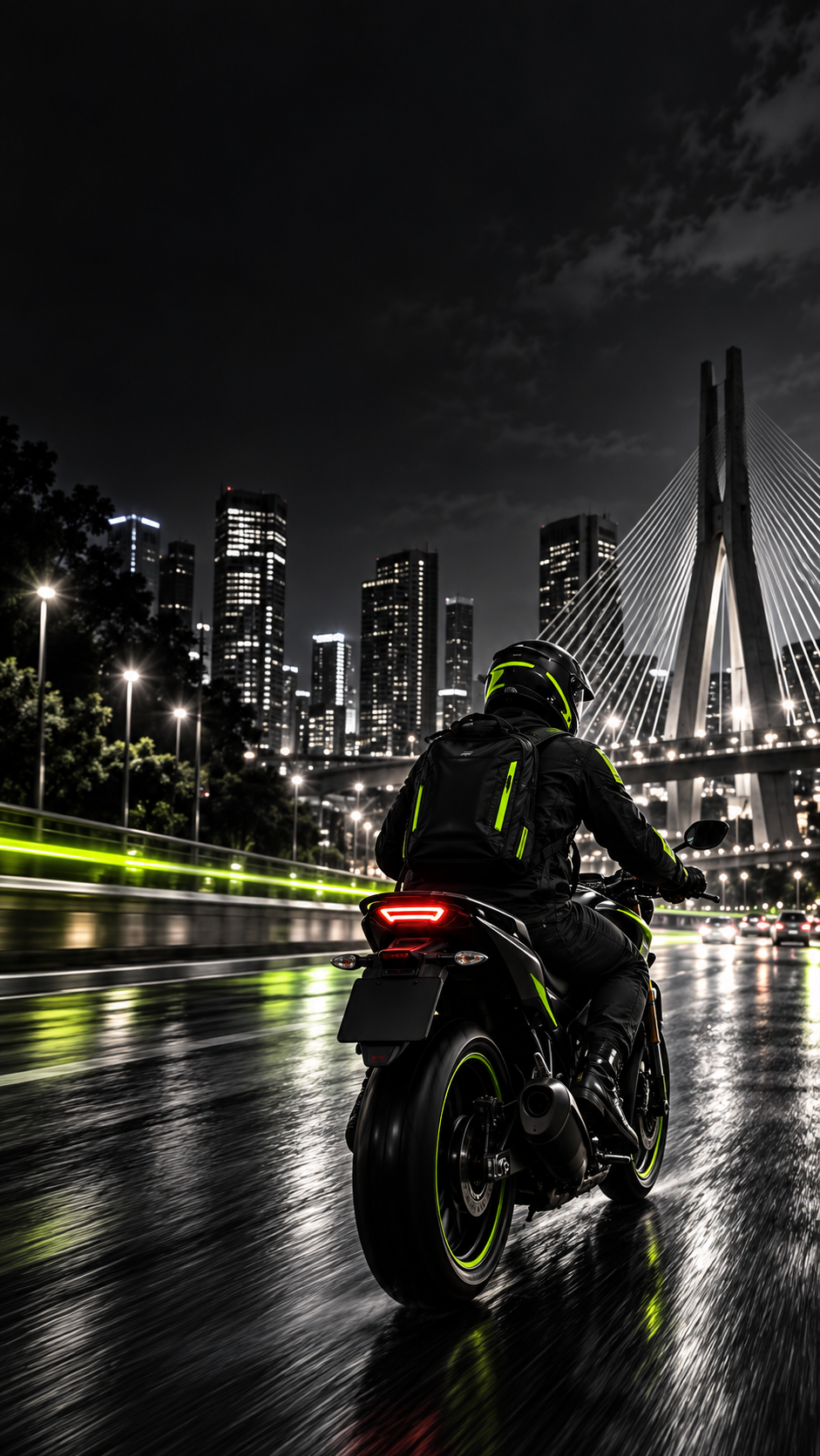 Motociclista BORA circulando pela cidade à noite